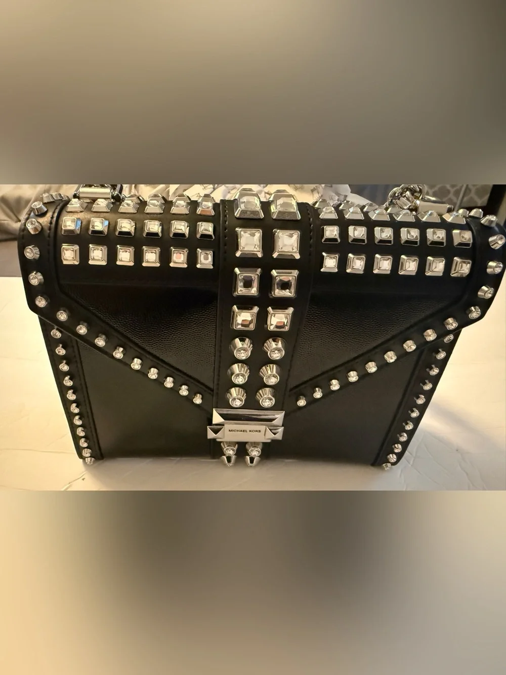 Michael Kors Whitney Black Studded Chain Shoulder Bag/ shorten chain to clutch.